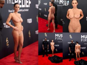 bianca censori nude showing boops and pussy in fully transparant cloth at grammy awards 2025 starlust 1