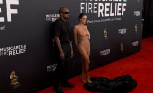 bianca censori nude showing boops and pussy in fully transparant cloth at grammy awards 2025 starlust 10