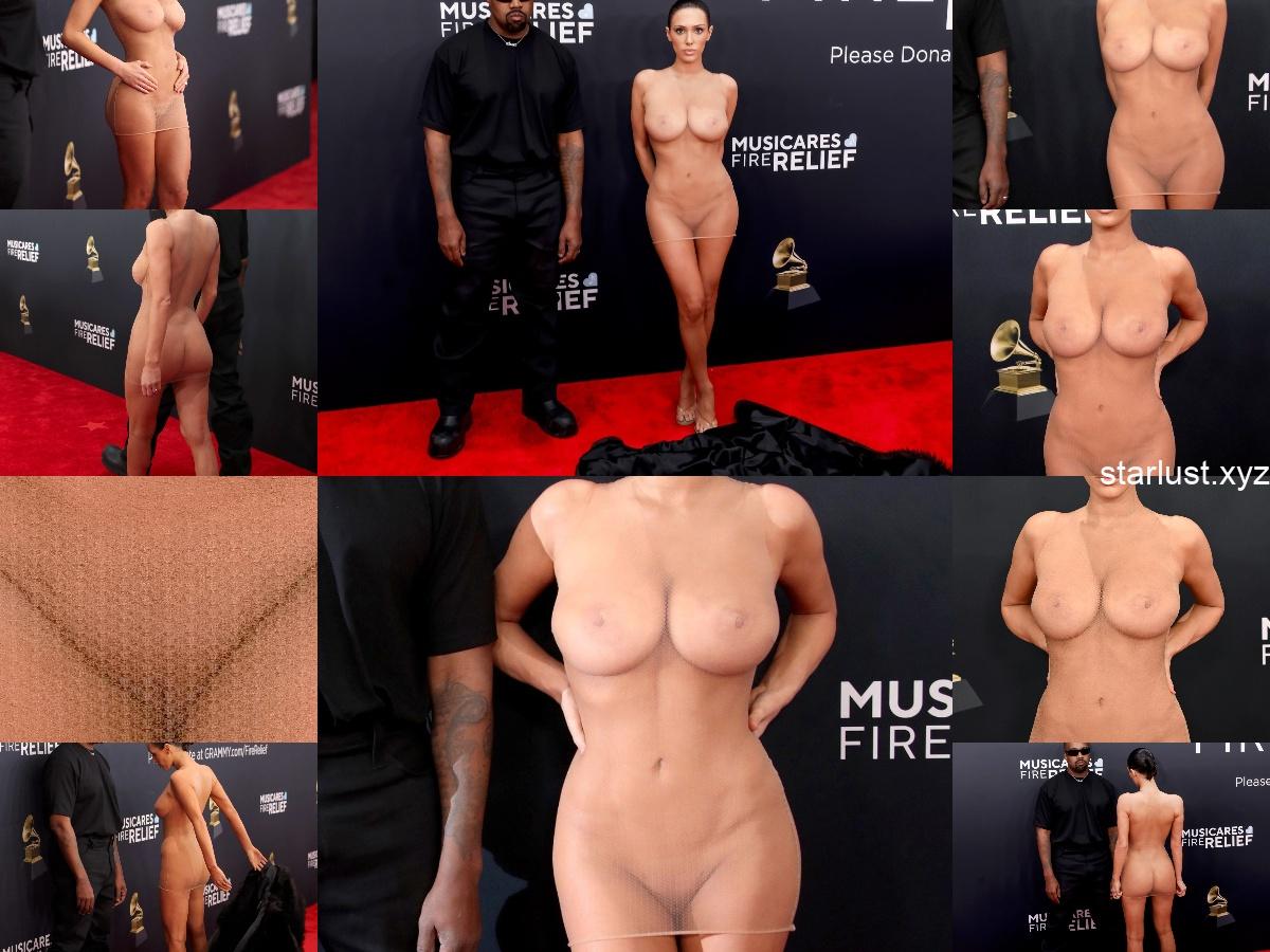 bianca censori nude showing boops and pussy in fully transparant cloth at grammy awards 2025 starlust 2