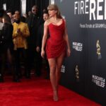 taylor swift hot in red bodycon showing clesvage and thighs at grammy awards 2025 19