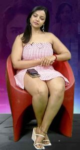 nithya shetty big thick thighs show in mini skirt @ viral prapancham movie interview starlust (39)