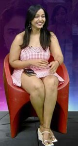 nithya shetty big thick thighs show in mini skirt @ viral prapancham movie interview starlust (5)