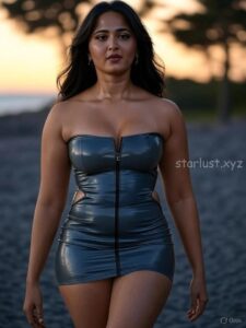 Anushka shetty hot ai images in mini bodycon exposing cleavage and thighs crossed legs HD starlust 1
