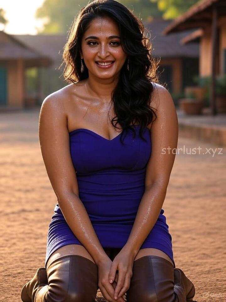Anushka shetty hot ai images in mini bodycon exposing cleavage and thighs crossed legs HD-starlust (23)