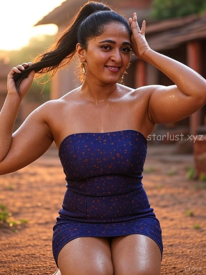 Anushka shetty hot ai images in mini bodycon exposing cleavage and thighs crossed legs HD-starlust (27)