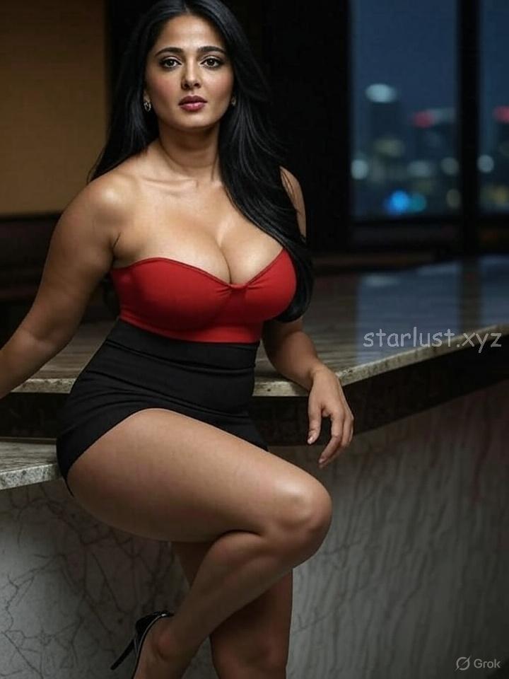 Anushka shetty hot ai images in mini bodycon exposing cleavage and thighs crossed legs HD-starlust (39)
