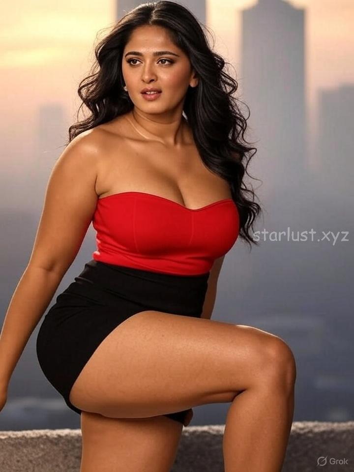 Anushka shetty hot ai images in mini bodycon exposing cleavage and thighs crossed legs HD-starlust (45)