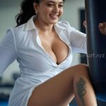 anushka shetty wearing only white shirt showing cleavage navel and thighs HD ai images-starlust (19)